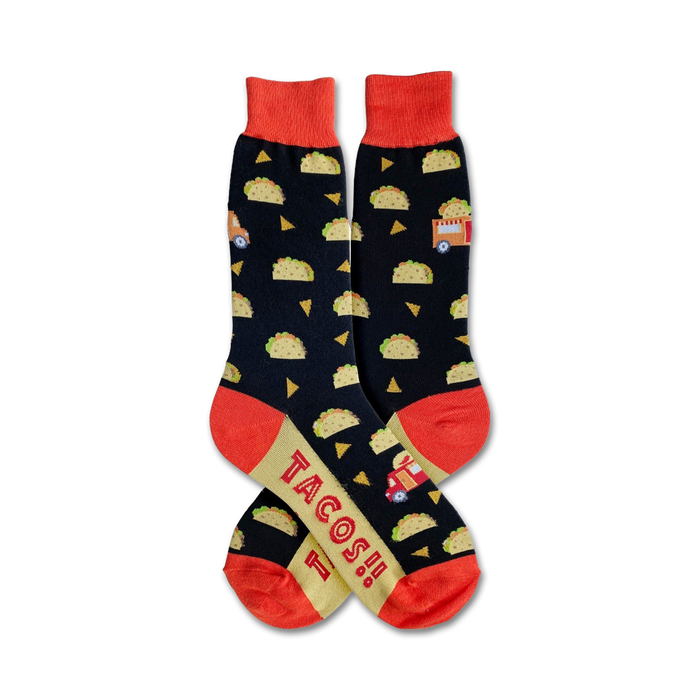 taco truck black crew socks with taco and truck pattern, tacos! printed on leg.    }}
