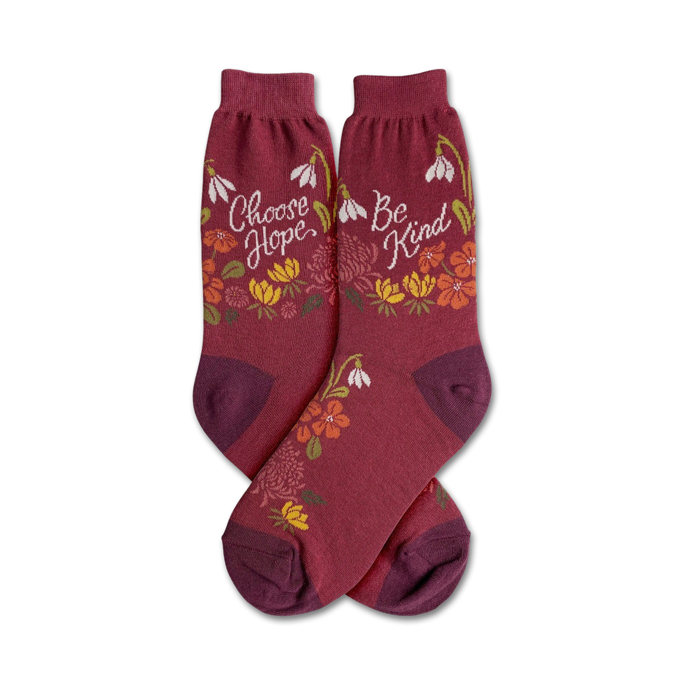 Burgundy crew socks with a floral design and the text 'Choose Hope' and 'Be Kind'.