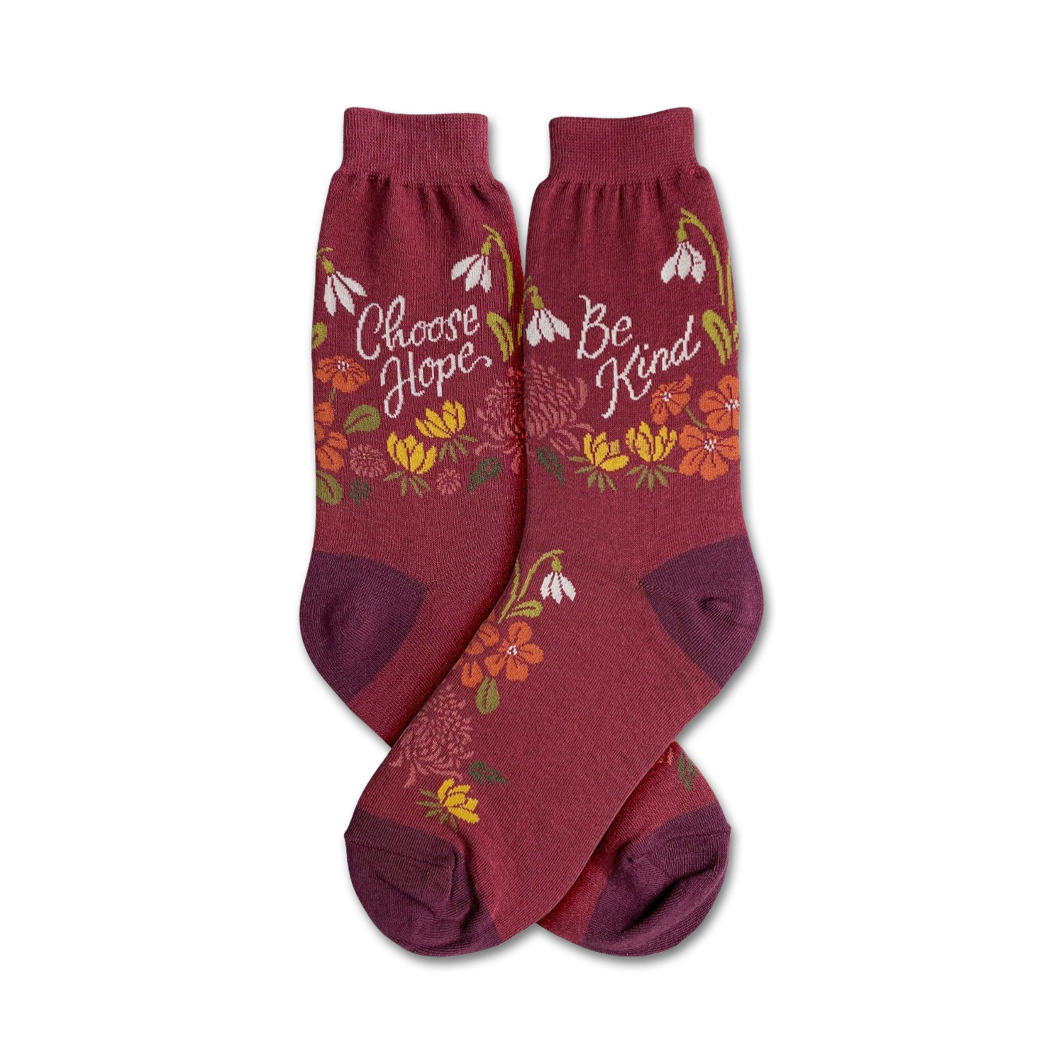 Burgundy crew socks with a floral design and the text 'Choose Hope' and 'Be Kind'.