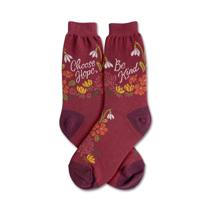 burgundy floral crew socks with 'choose hope, be kind' message for women    }}