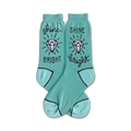 Pair of teal crew socks with a white diamond and 'Shine Bright' text in black. Fun, sparkly design!