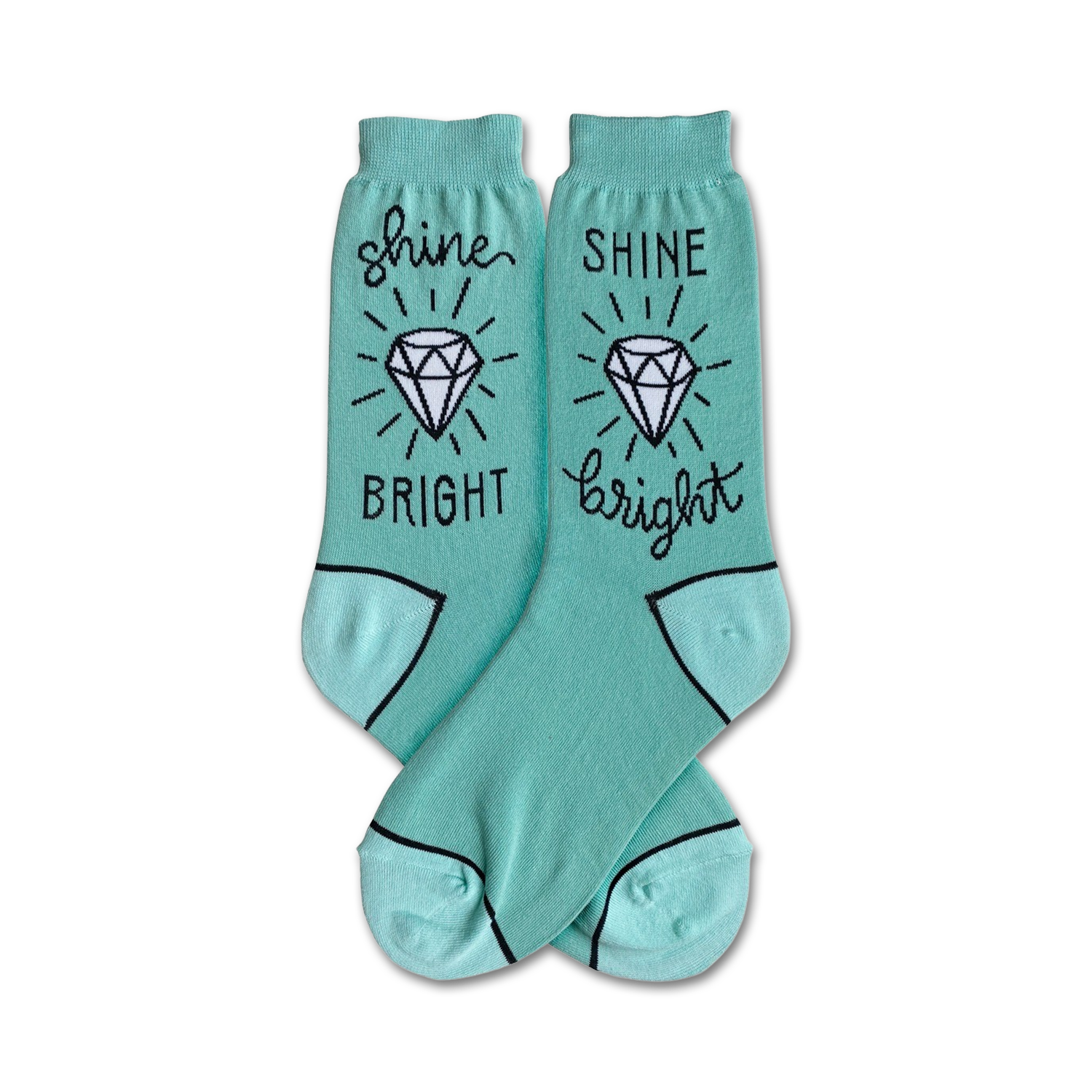 Pair of teal crew socks with a white diamond and 'Shine Bright' text in black. Fun, sparkly design!