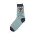 Light blue crew socks with a dark gray cuff, featuring a Jane Austen quote, silhouette, and small floral details. 