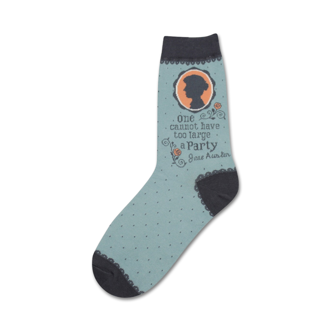 Light blue crew socks with a dark gray cuff, featuring a Jane Austen quote, silhouette, and small floral details. 