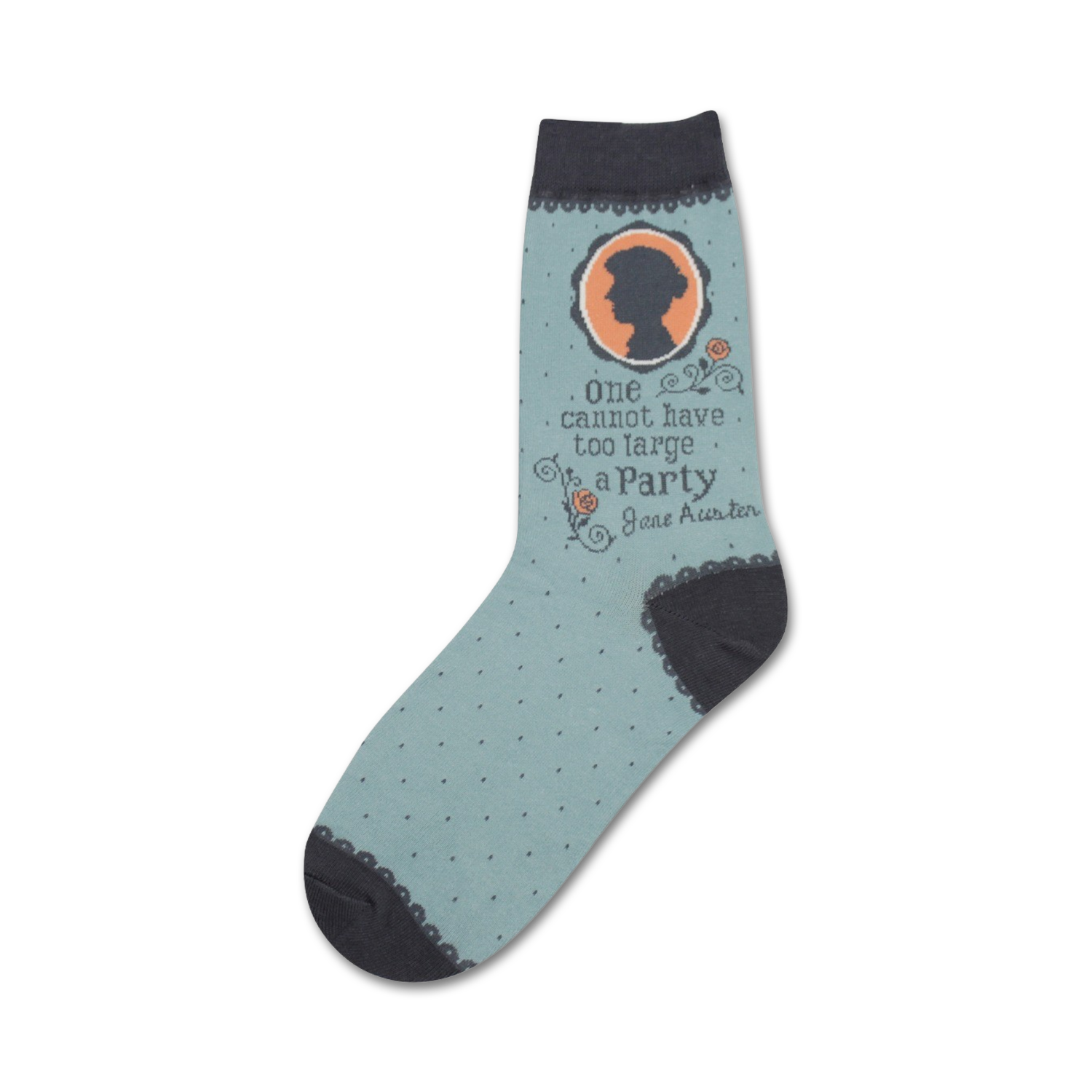 Light blue crew socks with a dark gray cuff, featuring a Jane Austen quote, silhouette, and small floral details. 