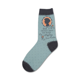 blue crew socks with black polka dots and black toe and heel. jane austen's image centered with one cannot have too large a party text above and jane austen below in orange.