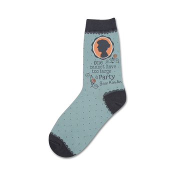 blue crew socks with black polka dots and black toe and heel. jane austen's image centered with one cannot have too large a party text above and jane austen below in orange.