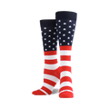 A pair of crew socks in red, white, and blue. The socks feature a design based on the American flag, with stars and stripes.
