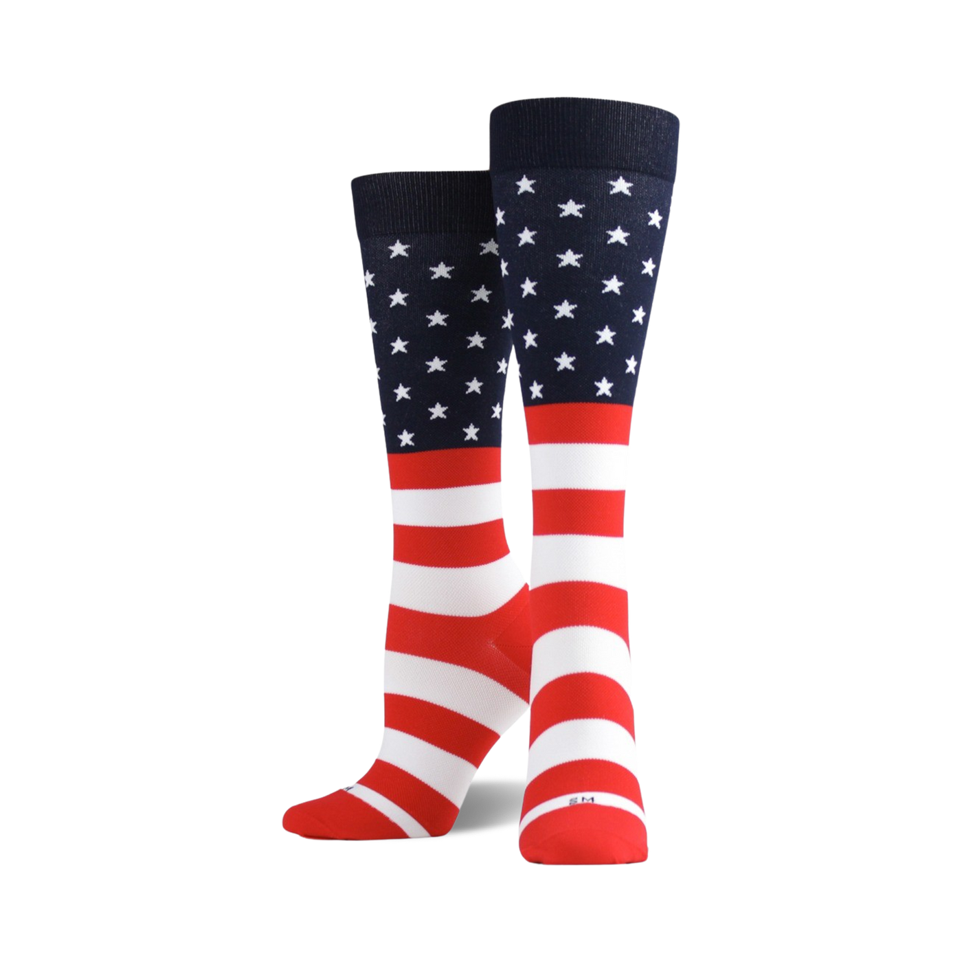 A pair of crew socks in red, white, and blue. The socks feature a design based on the American flag, with stars and stripes.