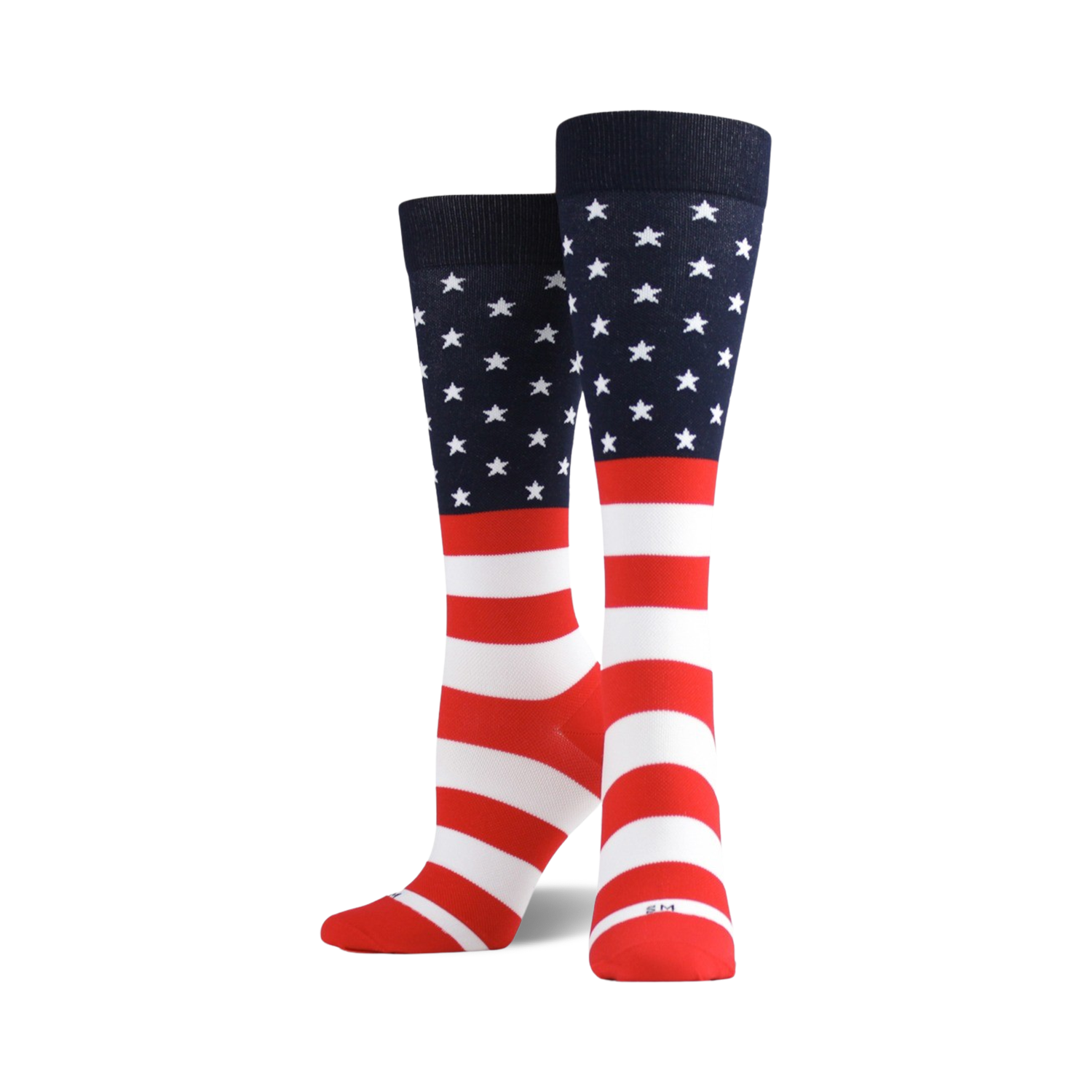 A pair of crew socks in red, white, and blue. The socks feature a design based on the American flag, with stars and stripes.