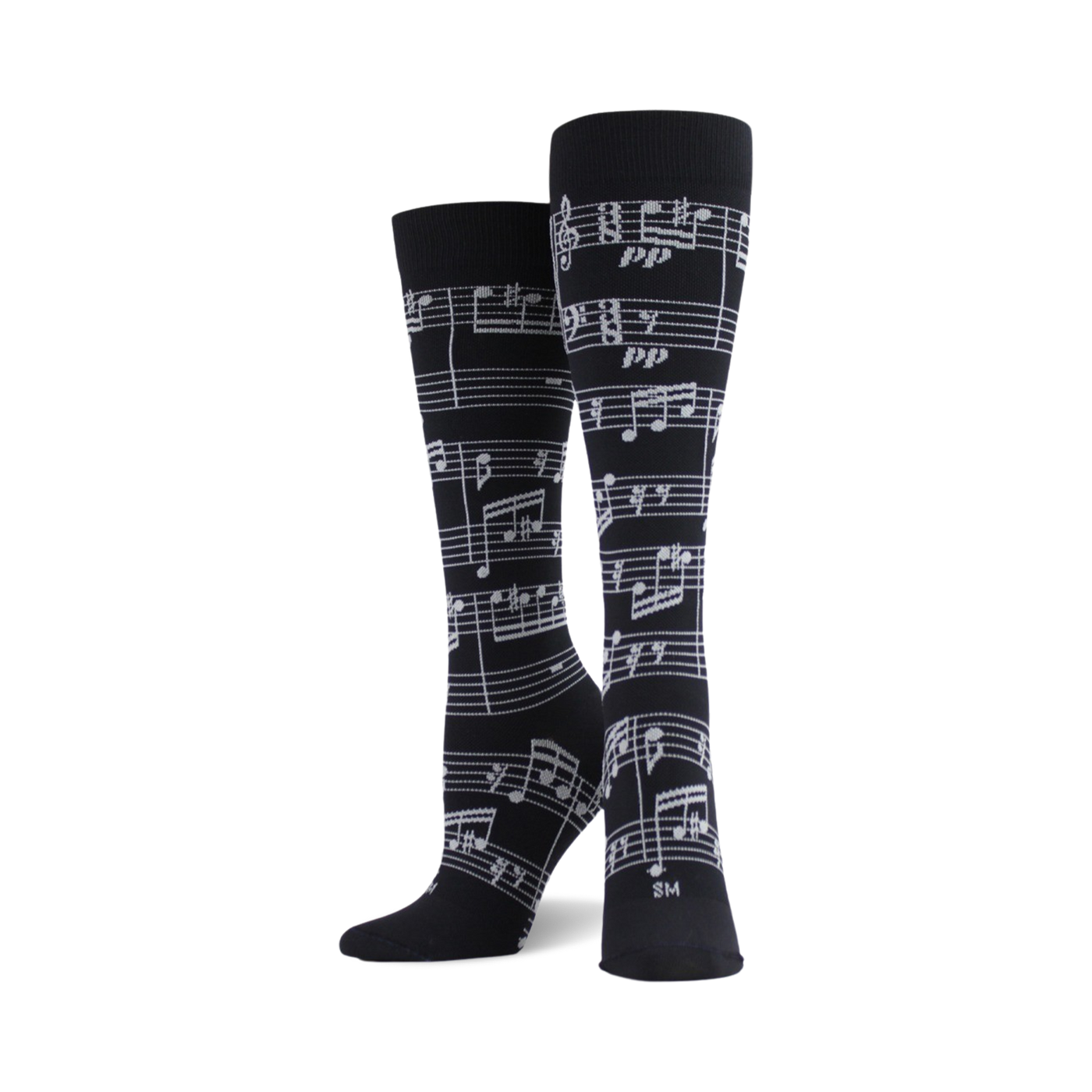 Pair of black crew socks with a white musical note design.  Stylish and fun for music lovers!