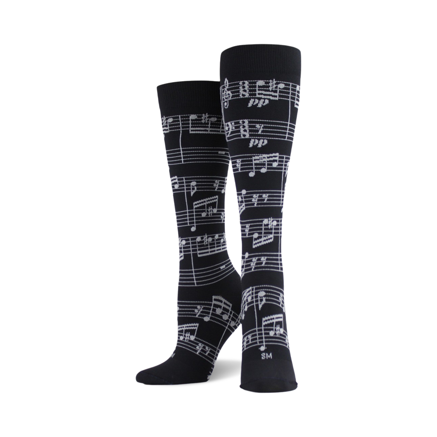 Pair of black crew socks with a white musical note design.  Stylish and fun for music lovers!