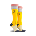 Pair of yellow knee-high socks with a pencil design.  Features a pink eraser, gray base, and 'No.2' printed on the shaft.