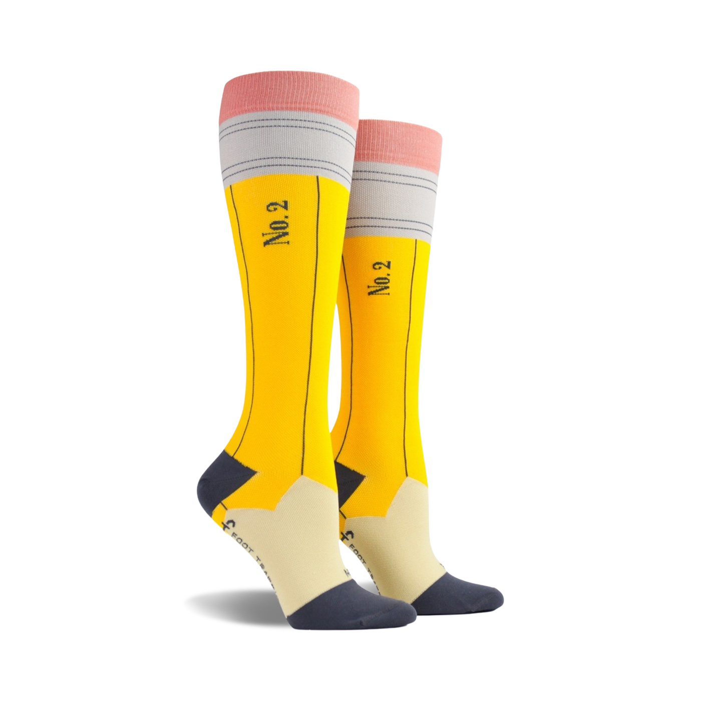 Pair of yellow knee-high socks with a pencil design.  Features a pink eraser, gray base, and 'No.2' printed on the shaft.