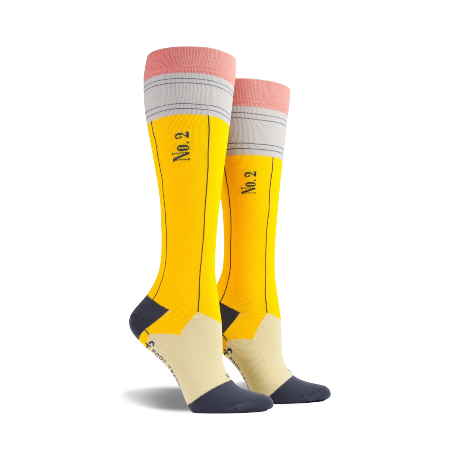 Pair of yellow knee-high socks with a pencil design.  Features a pink eraser, gray base, and 'No.2' printed on the shaft.