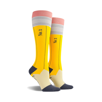 yellow knee-high pencil socks with black and gray stripes for men and women.  