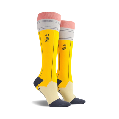 yellow knee-high pencil socks with black and gray stripes for men and women.  