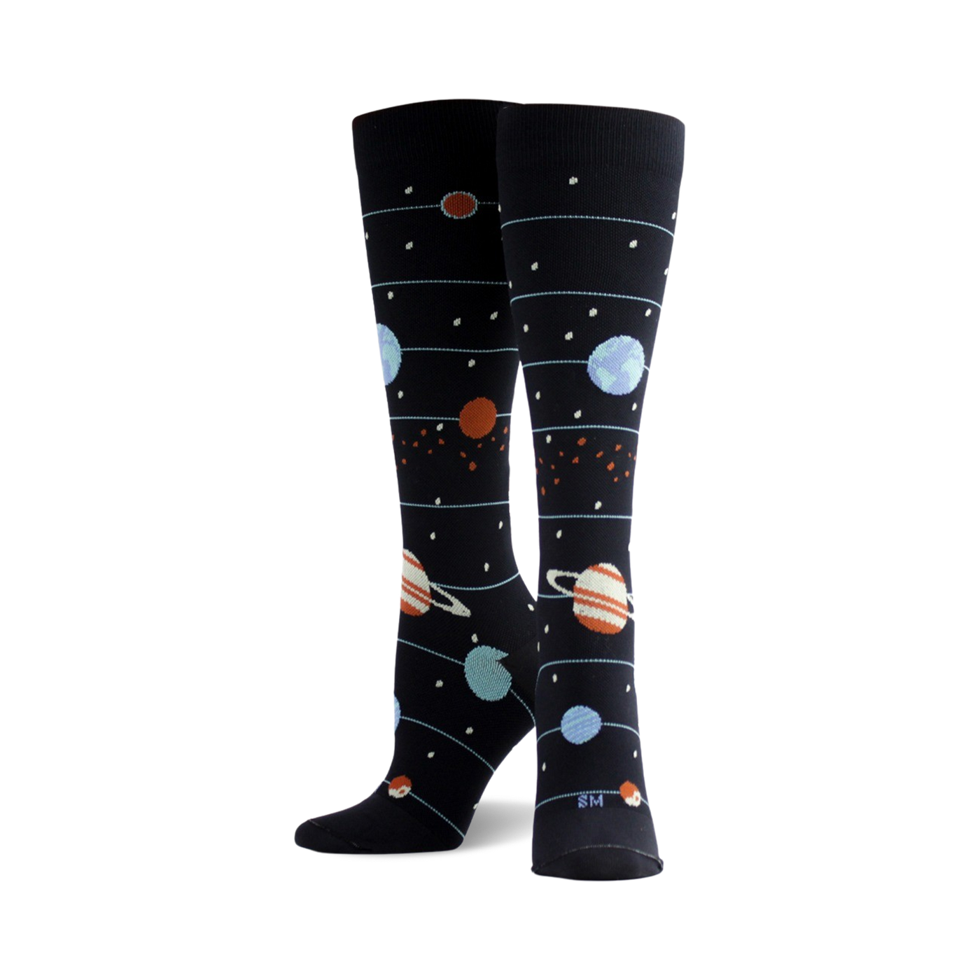 Pair of women's knee-high socks.  Navy blue background with planets (blue, orange, and ringed) and stars in a solar system design.
