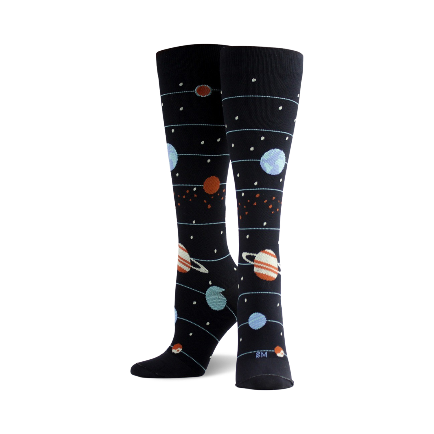 Pair of women's knee-high socks.  Navy blue background with planets (blue, orange, and ringed) and stars in a solar system design.