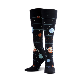 planet-patterned knee-high socks for men and women featuring earth, saturn, jupiter, mars, moons, and stars.   