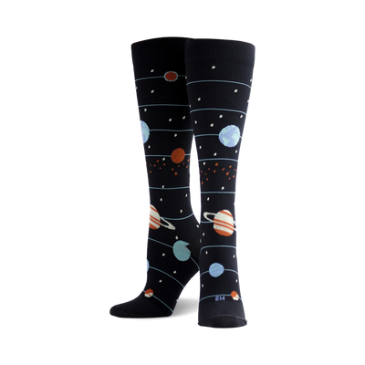 planet-patterned knee-high socks for men and women featuring earth, saturn, jupiter, mars, moons, and stars.   