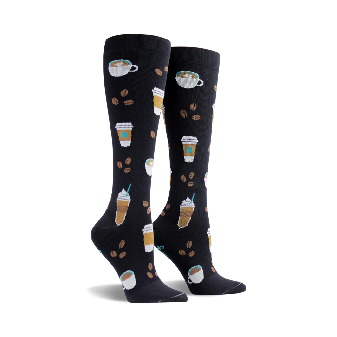 Pair of black knee-high socks adorned with illustrations of coffee cups, coffee beans, and frothy drinks. A fun and cozy design!