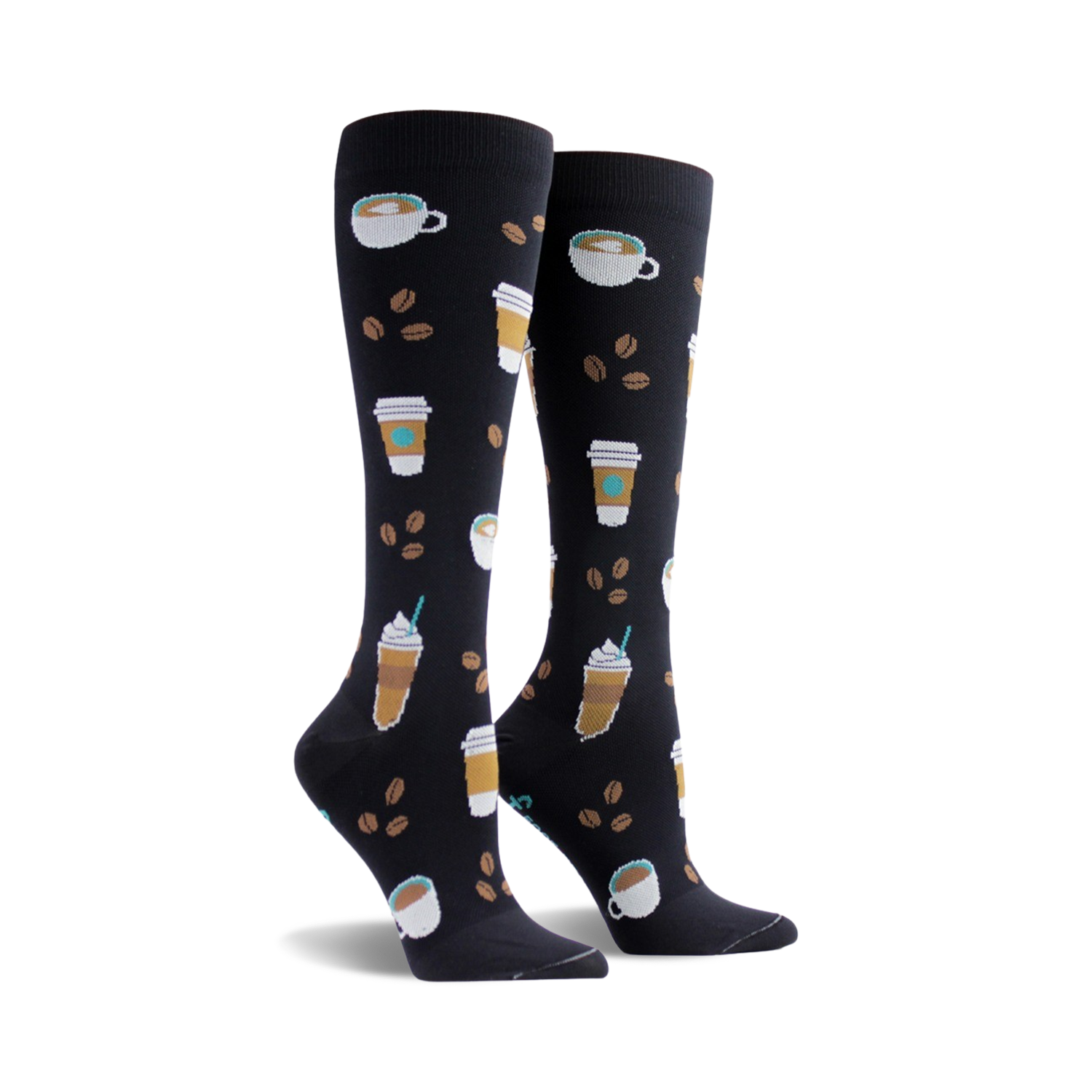 Pair of black knee-high socks adorned with illustrations of coffee cups, coffee beans, and frothy drinks. A fun and cozy design!