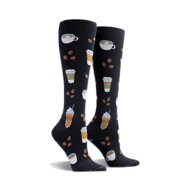 black-knee-high coffee-themed socks with all-over print of coffee cups, beans, and whipped cream. fun for men and women coffee drinkers.  