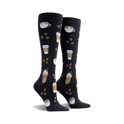 black-knee-high coffee-themed socks with all-over print of coffee cups, beans, and whipped cream. fun for men and women coffee drinkers.  