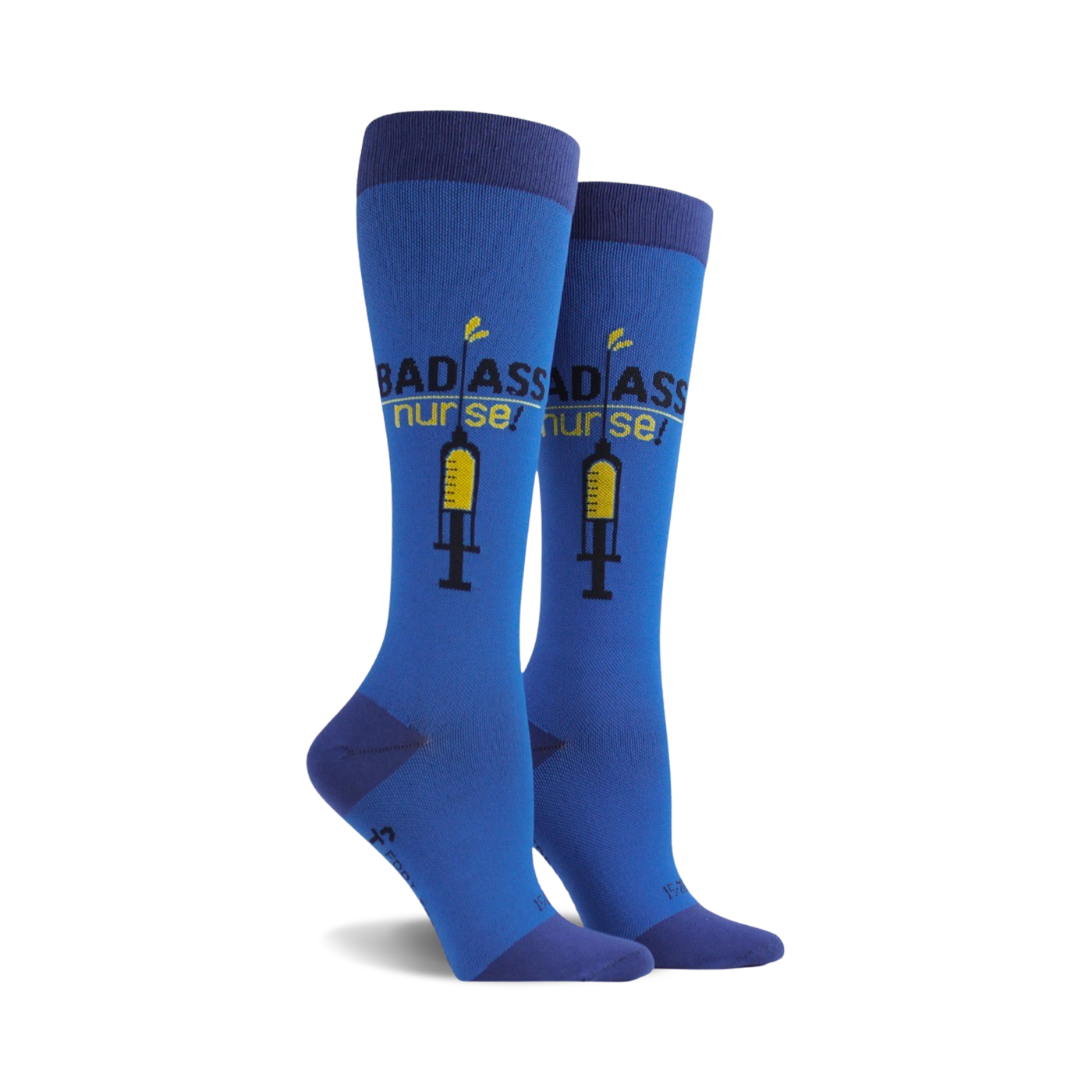 Pair of women's knee-high socks in blue.  The socks feature a graphic of a syringe and the text 'Badass Nurse!' in yellow and black.
