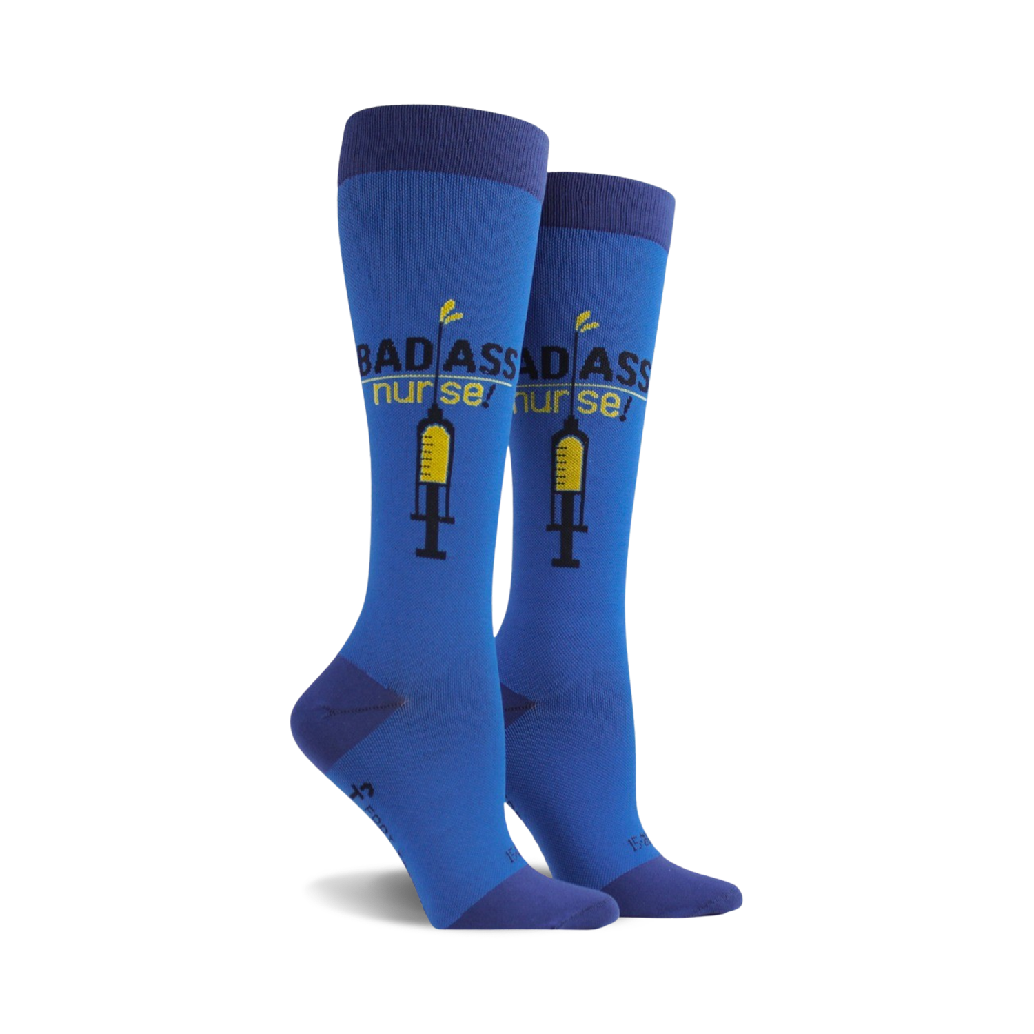 Pair of women's knee-high socks in blue.  The socks feature a graphic of a syringe and the text 'Badass Nurse!' in yellow and black.