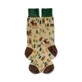 Pair of beige crew socks with brown, green, and dark-brown accents. Features illustrated woodland creatures like bears, moose, and foxes.