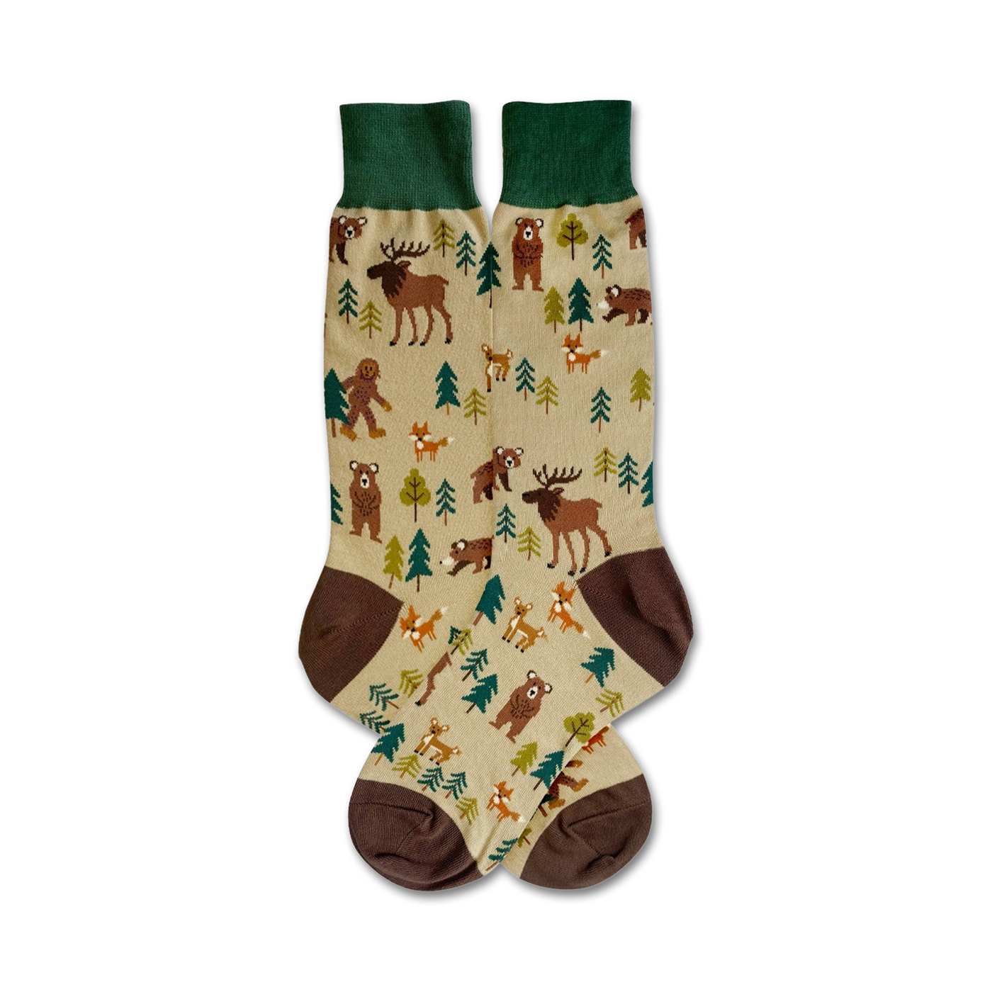 Pair of beige crew socks with brown, green, and dark-brown accents. Features illustrated woodland creatures like bears, moose, and foxes.