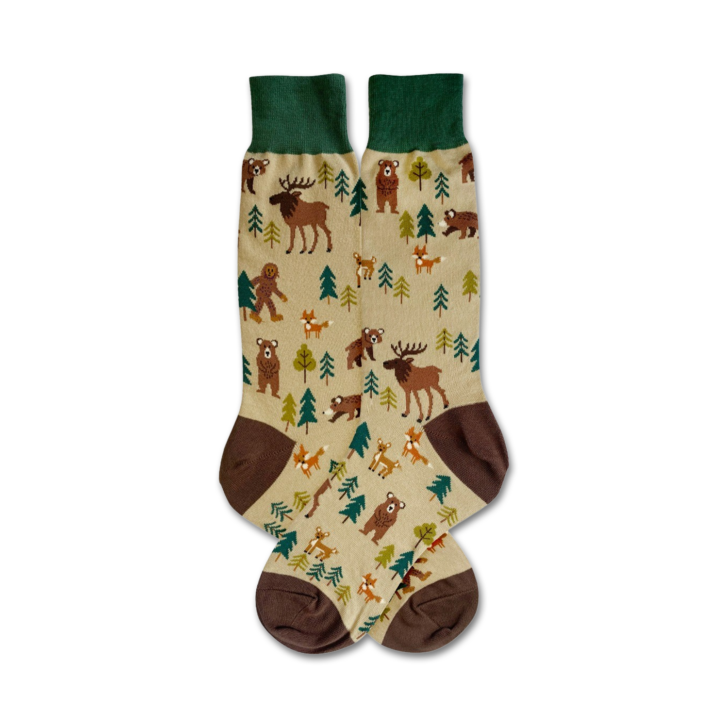 Pair of beige crew socks with brown, green, and dark-brown accents. Features illustrated woodland creatures like bears, moose, and foxes.