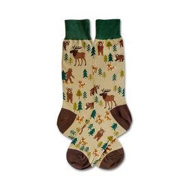 beige crew socks with bears, foxes, deer, and rabbits; brown toes, green tops; camping theme.  