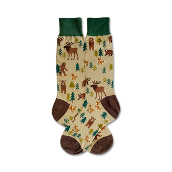 beige crew socks with bears, foxes, deer, and rabbits; brown toes, green tops; camping theme.  