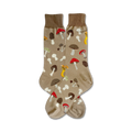 A pair of beige crew socks adorned with a whimsical pattern of various mushrooms in shades of brown, red, and yellow.