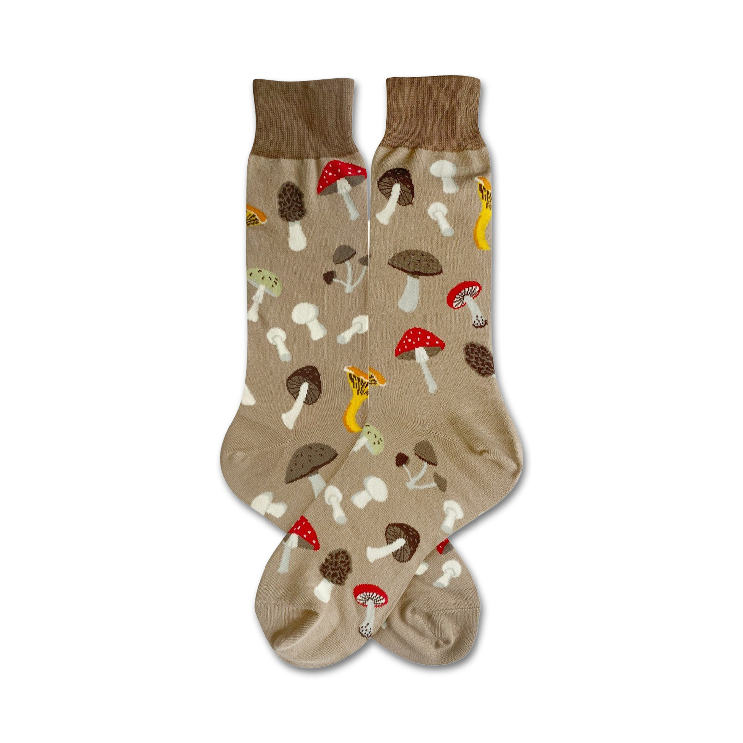 A pair of beige crew socks adorned with a whimsical pattern of various mushrooms in shades of brown, red, and yellow.