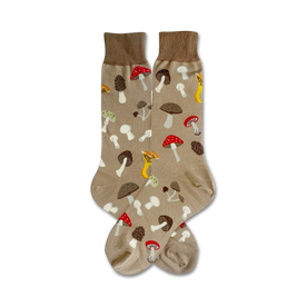 light brown crew socks with mushroom pattern. cotton, unisex.  
