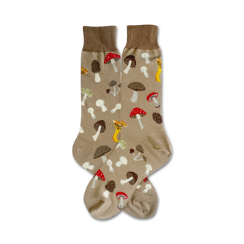 light brown crew socks with mushroom pattern. cotton, unisex.  