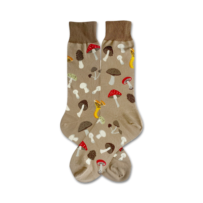 light brown crew socks with mushroom pattern. cotton, unisex.  