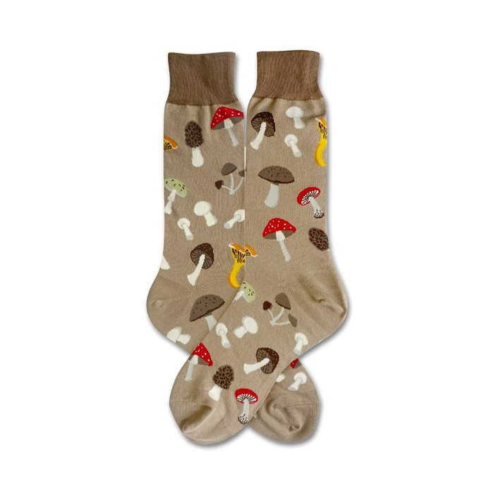 light brown crew socks with mushroom pattern. cotton, unisex.   }}