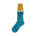 Crew socks in teal and gold. The teal portion features multiple sea turtles swimming in wavy lines. The gold cuff has small shell and starfish details.
