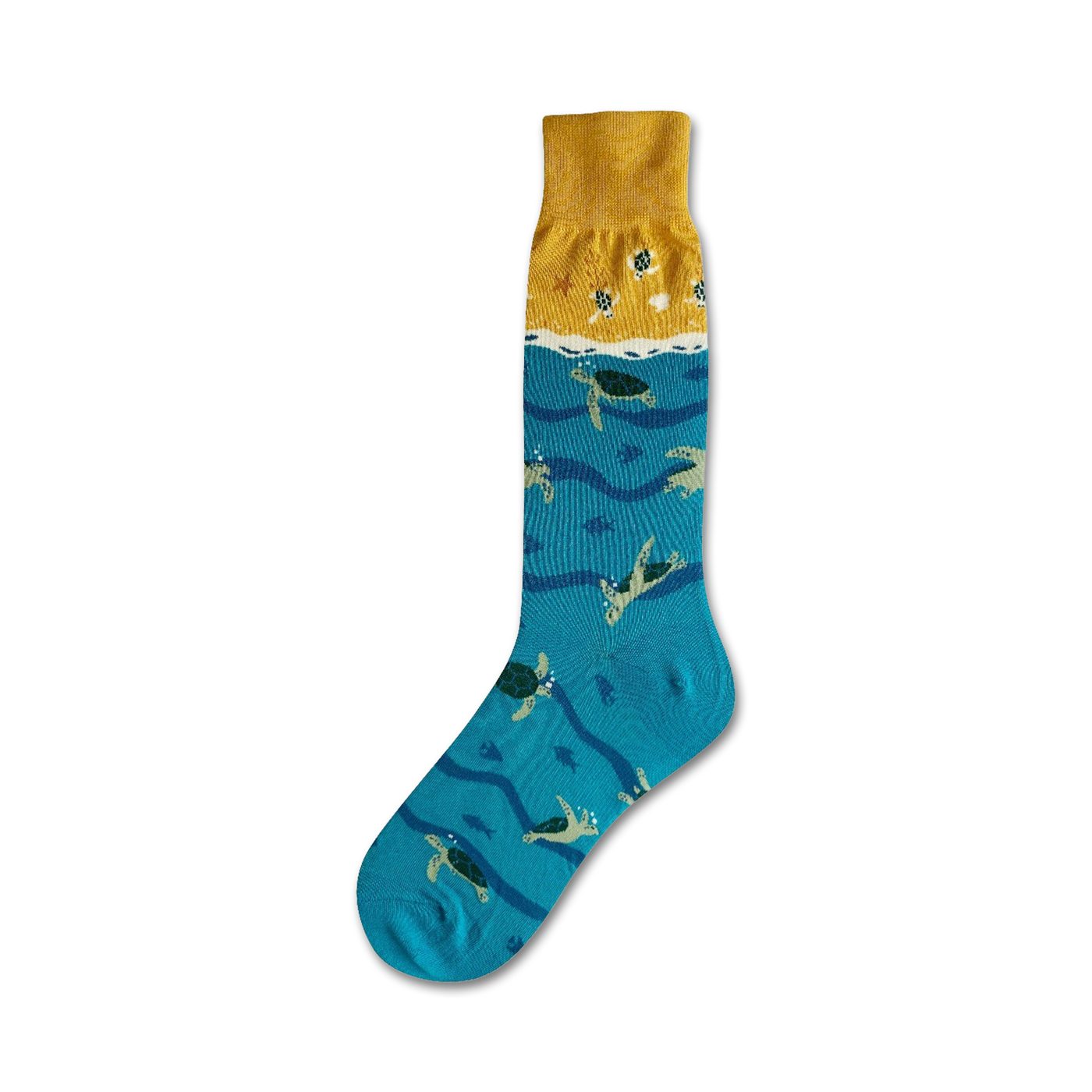 Crew socks in teal and gold. The teal portion features multiple sea turtles swimming in wavy lines. The gold cuff has small shell and starfish details.