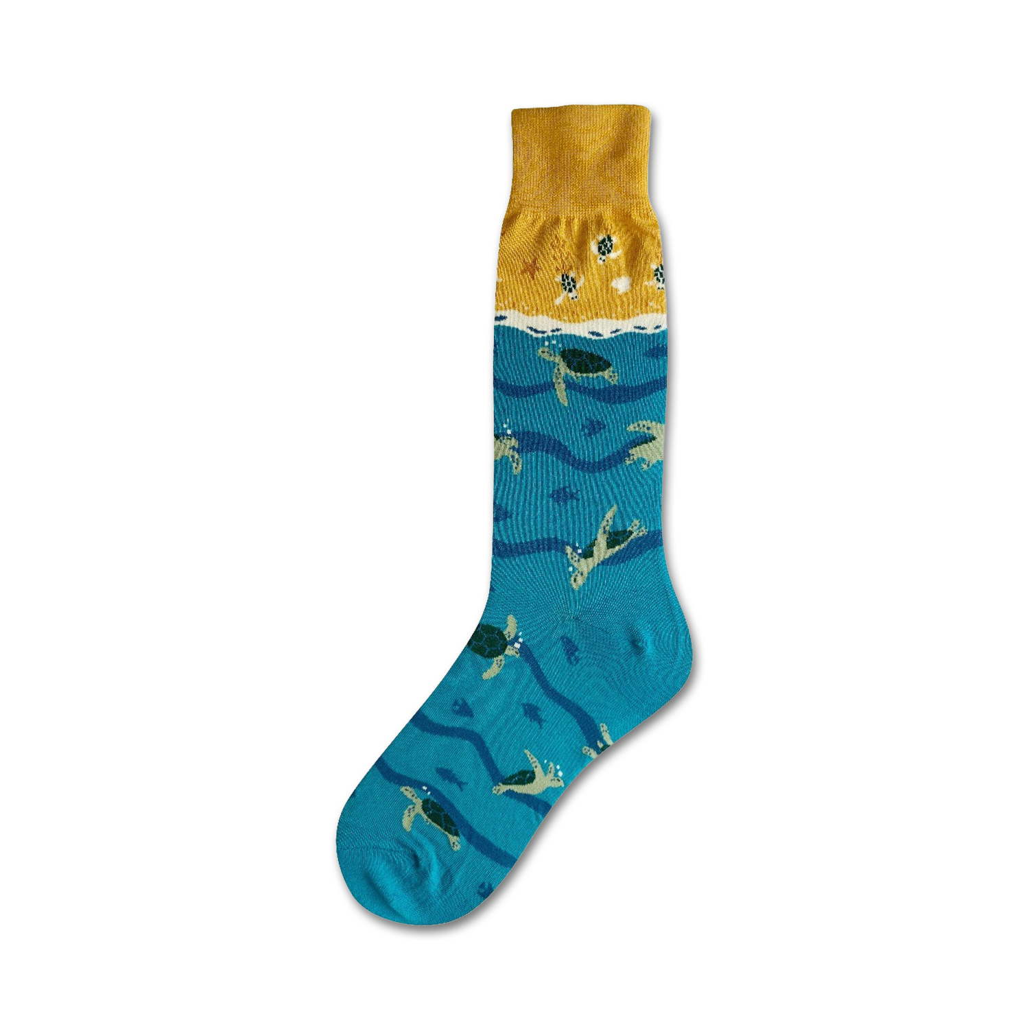 Crew socks in teal and gold. The teal portion features multiple sea turtles swimming in wavy lines. The gold cuff has small shell and starfish details.