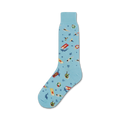 Light blue crew socks with a playful summer design.  Features swimmers, sharks, and pool floats on a light blue background.