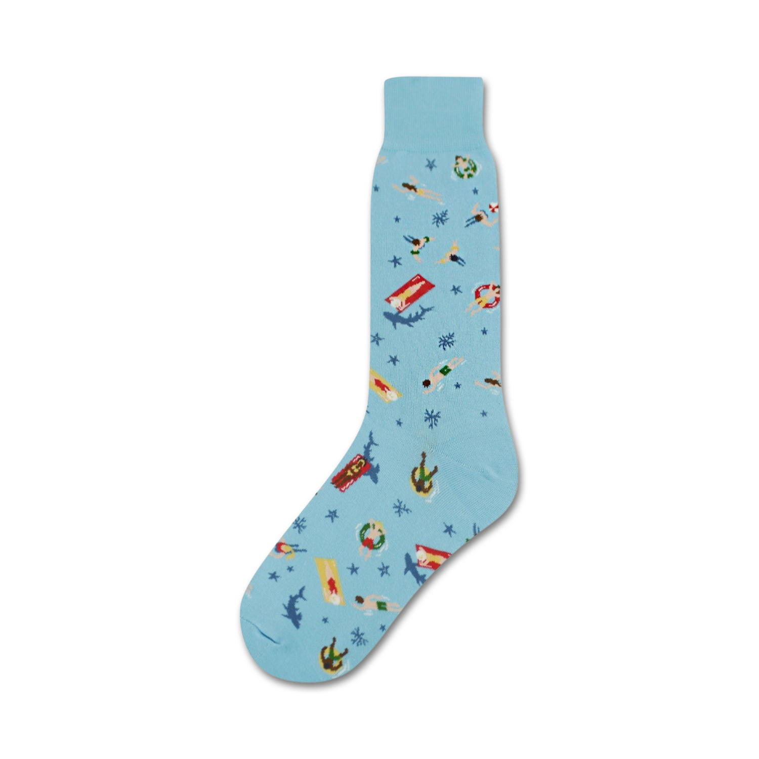 Light blue crew socks with a playful summer design.  Features swimmers, sharks, and pool floats on a light blue background.