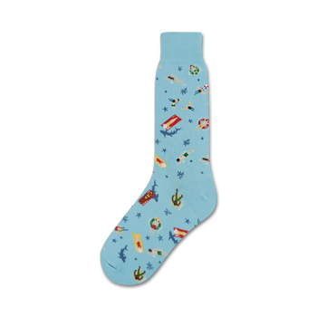 blue crew socks for men featuring summer swimming pool scene, including snorkelers, beach balls, and sharks.   