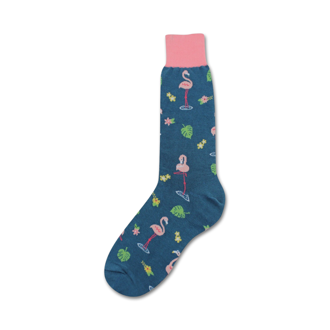 Crew socks in teal featuring pink flamingos, tropical leaves, and yellow flowers. Pink ribbed cuff.