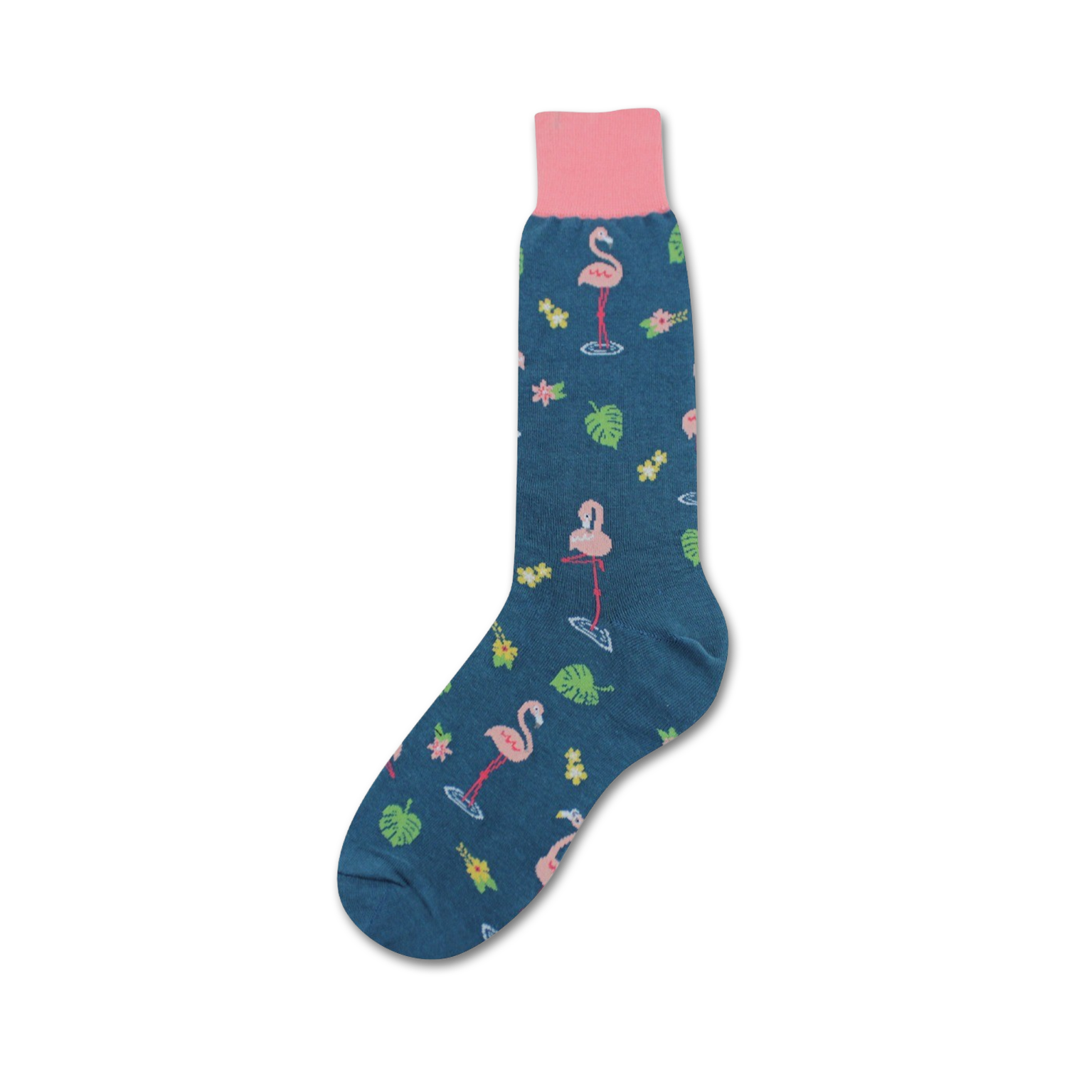 Crew socks in teal featuring pink flamingos, tropical leaves, and yellow flowers. Pink ribbed cuff.